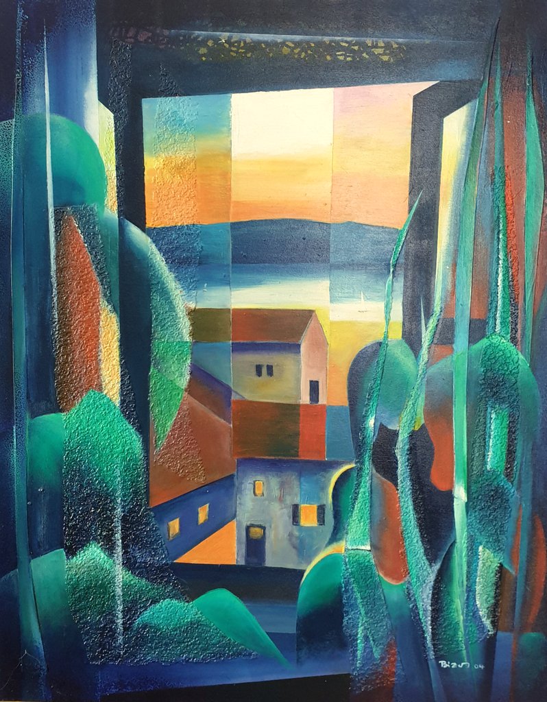 Blick zur Margaretheninsel in Kroatien vor Robin, Malerei, Öl / Acryl auf Leinwand, 80 x 100 c,